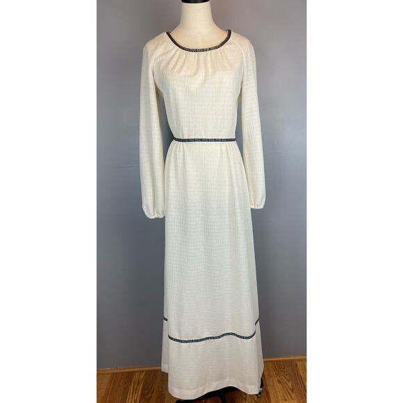 Vtg 70s Slub Knit White Boho Peasant Maxi Dress Rose Trim Boho Hippie Small - Picture 6 of 9